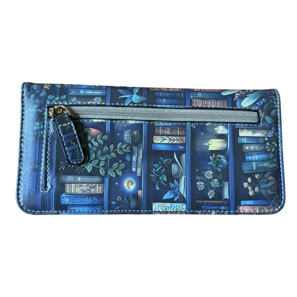 Book Lover Bookshelf Floral Blue Clutch Wallet Organizer Snap Closure Library